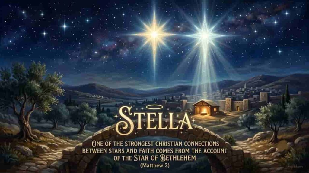 A glowing Star of Bethlehem shining over a quiet night landscape of Bethlehem, with the text "Stella" and "One of the strongest Christian connections between stars and faith comes from the account of the Star of Bethlehem (Matthew 2)" written in elegant gold lettering.