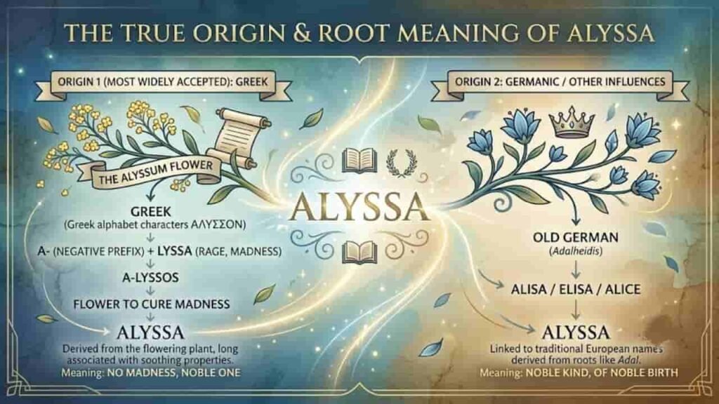 Infographic illustrating the etymology and root meanings of the name Alyssa, featuring a central split design with botanical illustrations of yellow alyssum and blue flowers. The left side outlines the Greek origin stemming from "a-" (negative prefix) and "lyssa" (madness), referring to the alyssum flower meant to cure madness, translating to "no madness." The right side details the Old German origin derived from "Adalheidis" (Alice/Elisa), meaning "noble kind" or "of noble birth."