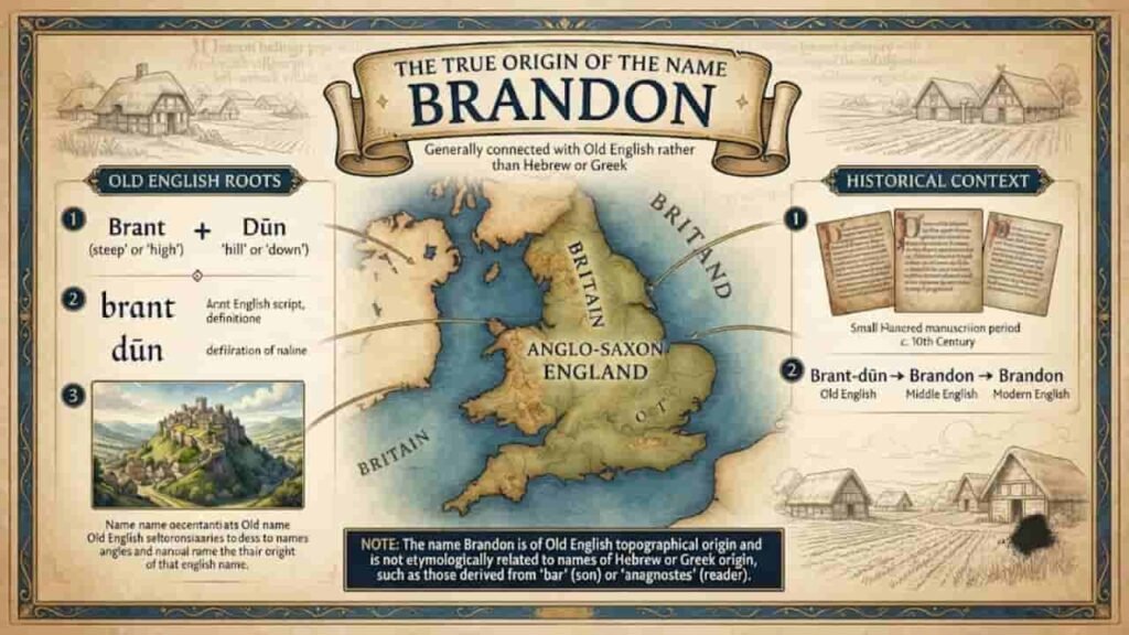 An informational graphic titled "The True Origin of the Name Brandon" illustrating that the name is connected with Old English rather than Hebrew or Greek.