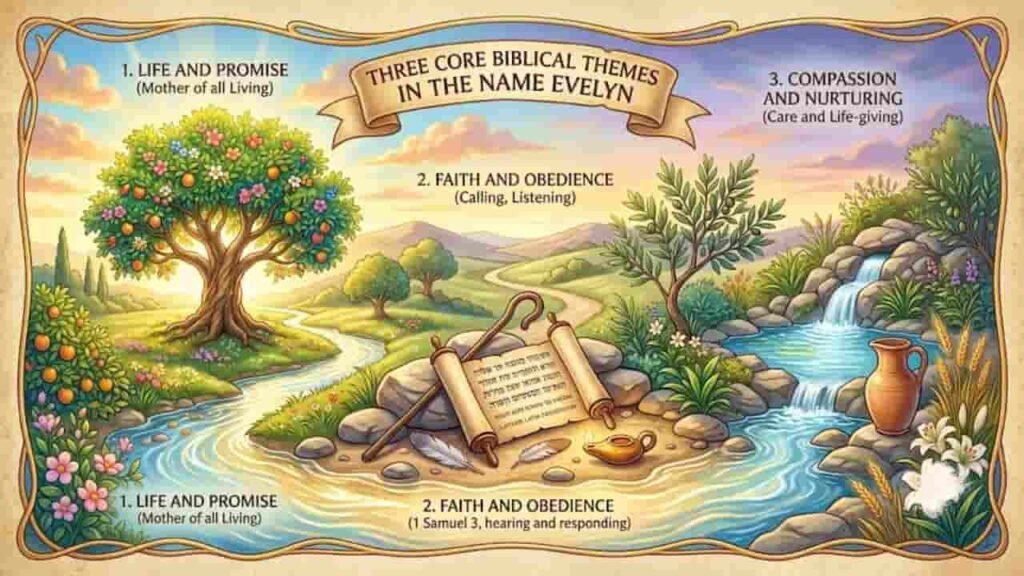 Three Core Biblical Themes in the Name Evelyn infographic with illustrations of a blooming tree, ancient scroll, and flowing river.