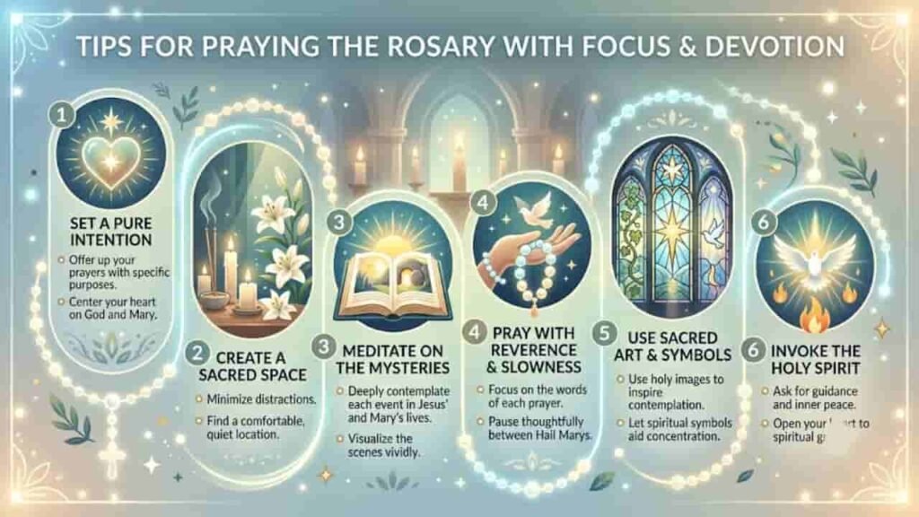 Infographic displaying 6 tips for praying the Rosary with focus and devotion, featuring icons of glowing hearts, candles, open scripture, and a white dove.