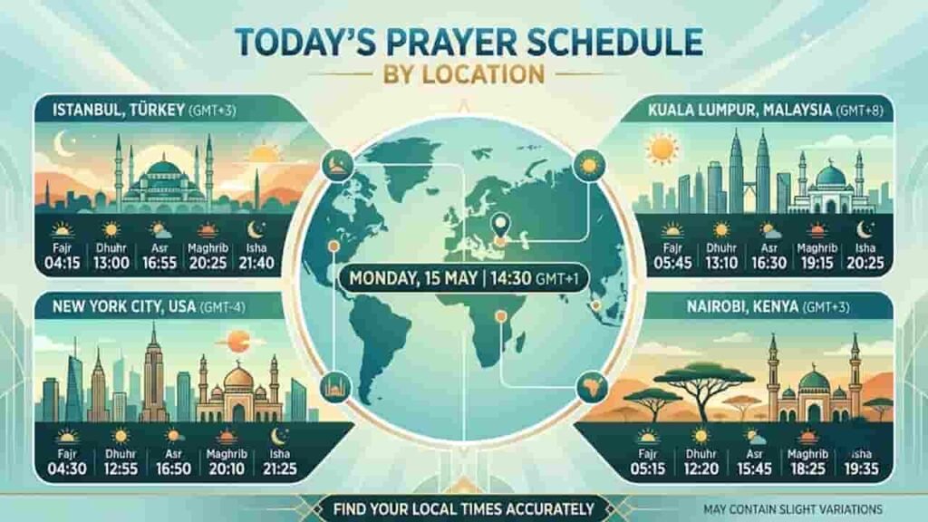 Graphic vector illustration titled "Today's Prayer Schedule by Location," featuring daily Islamic prayer times (Fajr, Dhuhr, Asr, Maghrib, Isha) for Istanbul, Kuala Lumpur, New York City, and Nairobi. Each city card includes iconic skyline landmarks, mosques, crescent moons, and sun icons set against a central world globe.