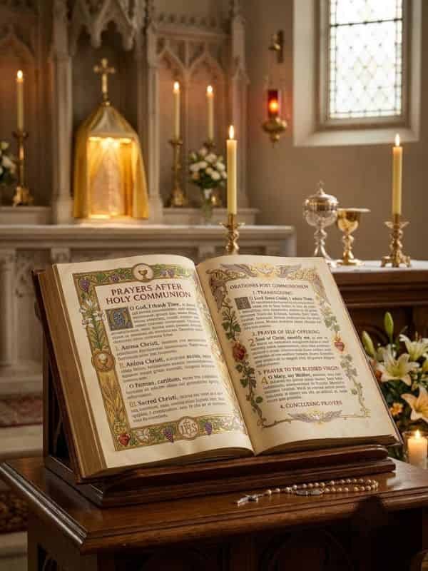 An open illuminated missal displaying traditional Catholic prayers after Holy Communion, set on a wooden lectern inside a chapel with glowing sanctuary candles, a chalice, ciborium, and white lilies.