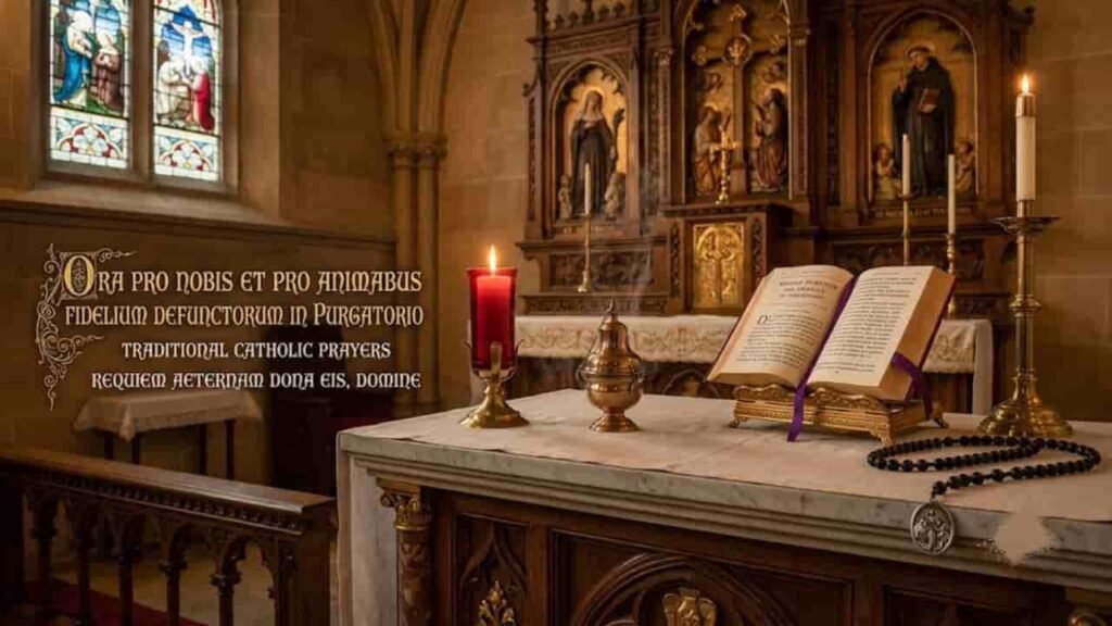 An open liturgical prayer book resting on a wooden stand upon a marble altar adorned with a glowing candle, an incense thurible, and a rosary inside a Catholic church.