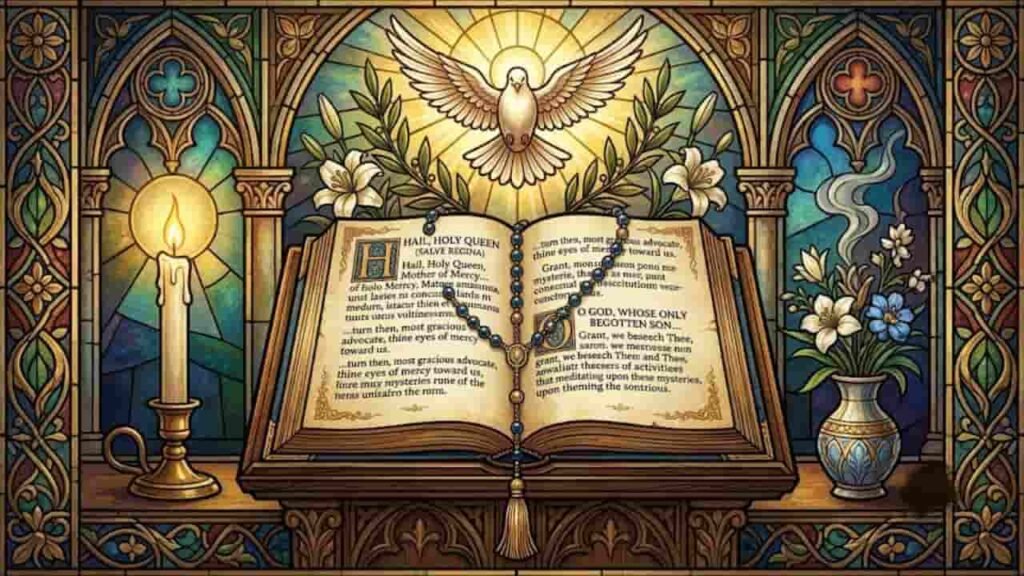 An open prayer book displaying traditional post-Rosary prayers alongside a rosary without a cross, set against a stained-glass window background with a glowing Holy Spirit dove and a lit candle.