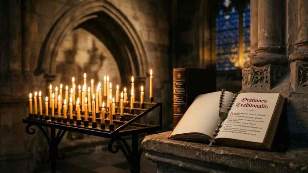 An open prayer book and rosary beads sit on a stone ledge beside rows of glowing votive candles inside a solemn, dimly lit church alcove.