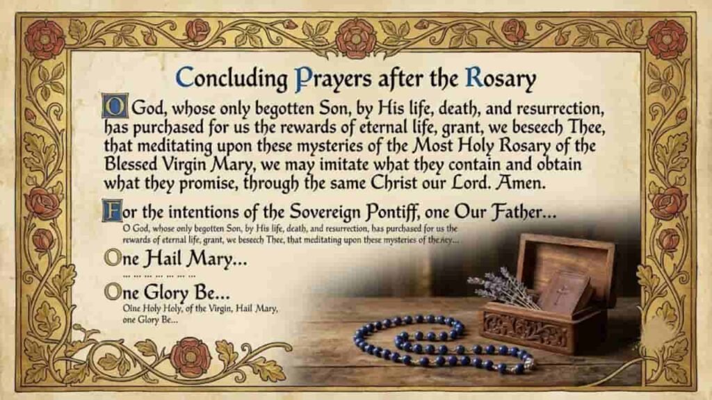 An illuminated manuscript illustration displaying concluding prayers after the Rosary, framed with decorative rose vines alongside a wooden box containing rosary beads.