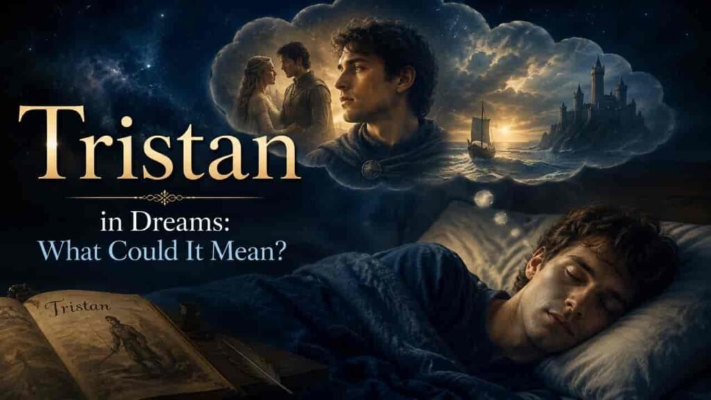 Tristan in dreams meaning with a sleeping person, mystical dream imagery, medieval castle, ocean, and the name Tristan