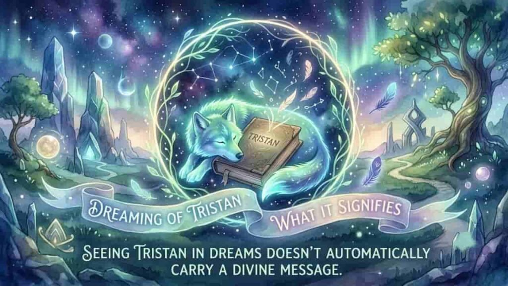 Dreamlike watercolor illustration featuring a sleeping glowing wolf curled around an ornate journal labeled "Tristan", set against a mystical starry landscape with floating feathers and glowing crystals. Included banner text reads: "Dreaming of Tristan - What It Signifies: Seeing Tristan in dreams doesn't automatically carry a divine message."