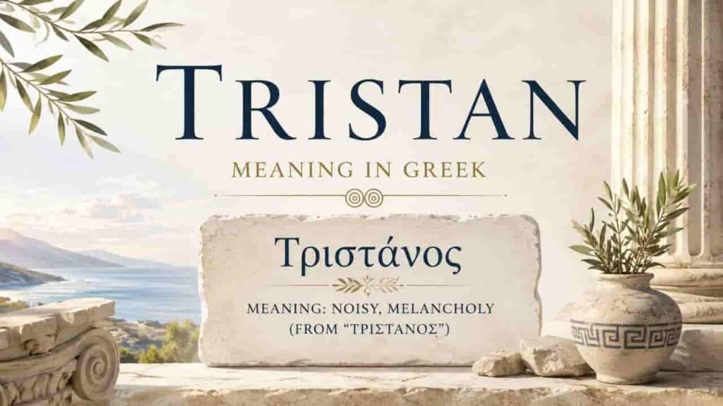 Tristan Meaning in Greek displayed on an elegant Greek-inspired design with the Greek spelling “Τριστάνος,” classical columns, olive branches, a decorative vase, and a Mediterranean coastal background.
