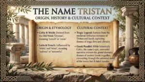 An infographic about the name Tristan, displaying its Celtic and Welsh origins from 'Drystan' (meaning tumult), Latin and French influences relating to 'tristis' (meaning sadness), and its cultural context within Arthurian romance, set against ancient Greek-style architectural pillars and an unfurled parchment scroll "Tristan Meaning in Greek".