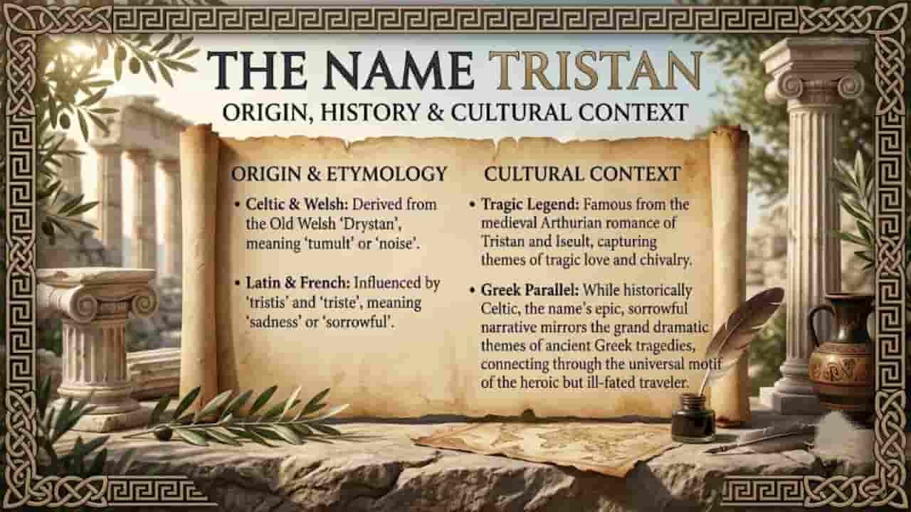 An infographic about the name Tristan, displaying its Celtic and Welsh origins from 'Drystan' (meaning tumult), Latin and French influences relating to 'tristis' (meaning sadness), and its cultural context within Arthurian romance, set against ancient Greek-style architectural pillars and an unfurled parchment scroll "Tristan Meaning in Greek".