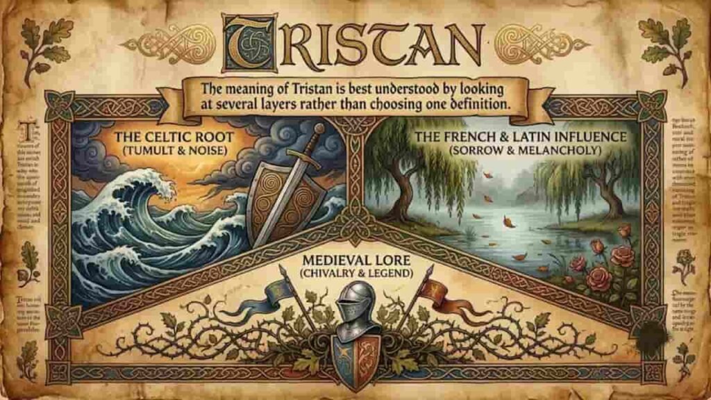 Illustration titled Tristan Meaning of the Name explaining Celtic roots, French influence, and Medieval lore on parchment paper background.