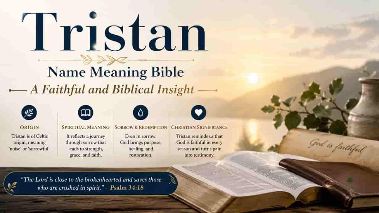 Tristan name meaning Bible with Christian significance, spiritual meaning, sorrow and faith, featuring an open Bible and peaceful sunrise "Tristan Name Meaning Bible A Faithful and Biblical Insight".