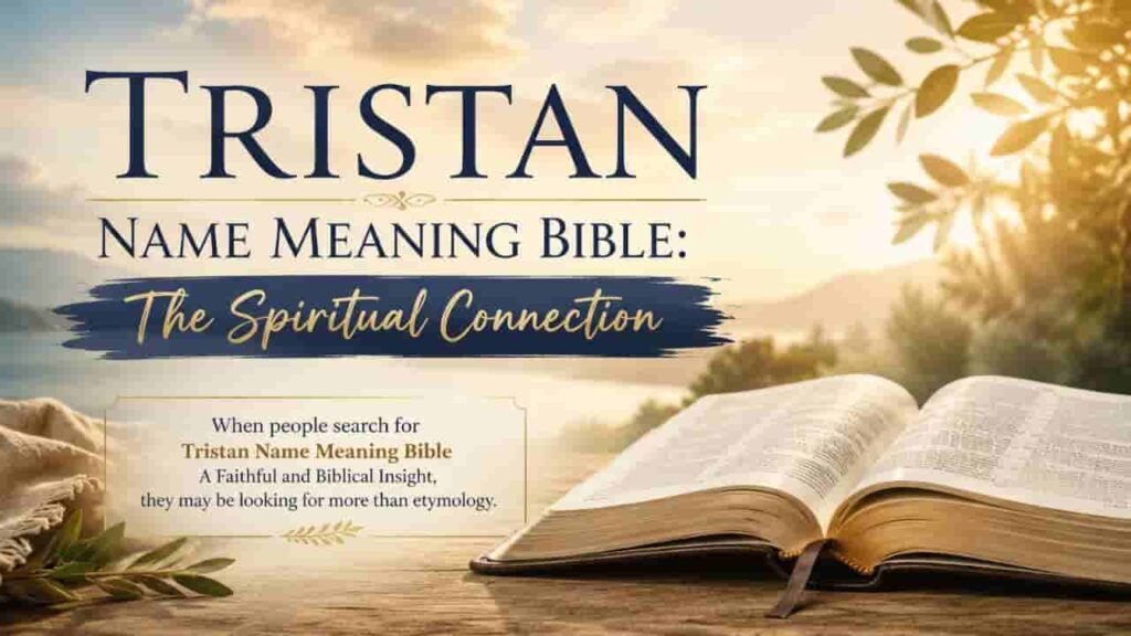 Tristan Name Meaning Bible: The Spiritual Connection, featuring an open Bible, peaceful sunrise landscape, and elegant typography about Tristan’s spiritual and biblical insight.