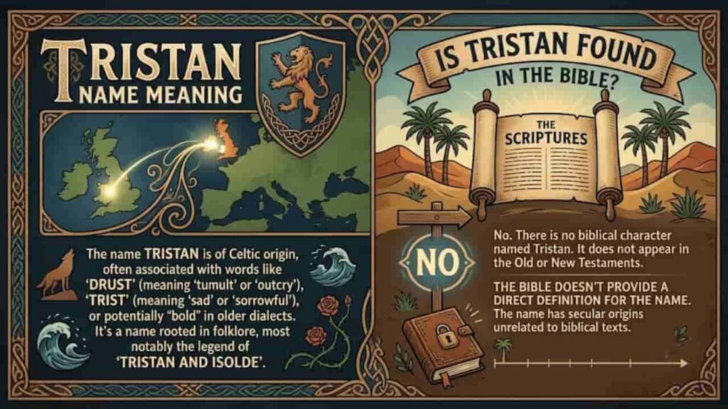 An infographic about the name Tristan. The left side explains its Celtic origins, meaning "tumult" or "sorrowful," and its connection to the legend of Tristan and Isolde. The right side features a scroll asking "Is Tristan found in the Bible?" and explains that the name does not appear in Scripture.