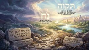 Infographic on the biblical and spiritual meaning of the name Tristan, featuring Hebrew text, scripture references, and a pathway leading from dark storm clouds to light."Tristan Name Meaning in the Bible Spiritual Significance Explained"