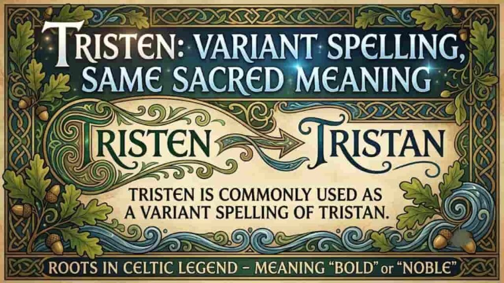 An illuminated Celtic-style graphic featuring the text "Tristen: Variant Spelling, Same Sacred Meaning" alongside "Tristen -> Tristan" with the explanation "Tristen is commonly used as a variant spelling of Tristan" surrounded by intricate green knotwork, oak leaves, acorns, and blue waves.