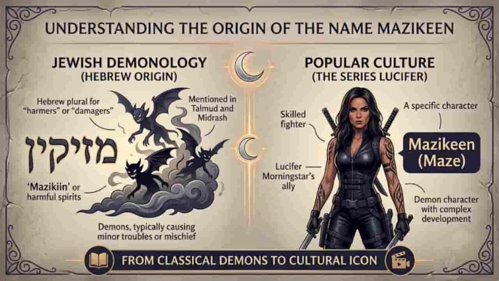 Infographic explaining the origin of the name Mazikeen in 16:9 ratio, comparing its roots in Jewish demonology and Hebrew text meaning harmful spirits with its modern pop culture depiction as the character Maze in the TV series Lucifer.