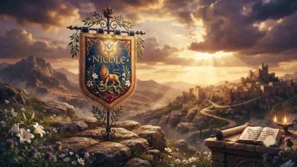 A majestic 16:9 cinematic landscape featuring a royal banner with the name 'Nicole' on a rocky hilltop overlooking a fortified city at sunrise, symbolizing biblical victory.