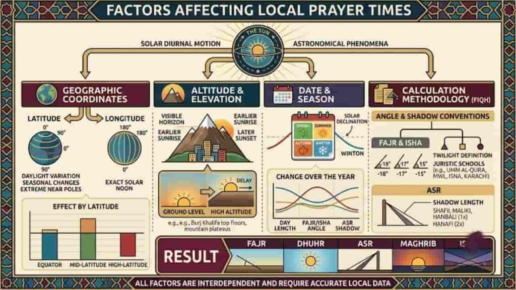 An infographic detailing the geographic, astronomical, seasonal, and juristic factors that affect local Islamic prayer times.