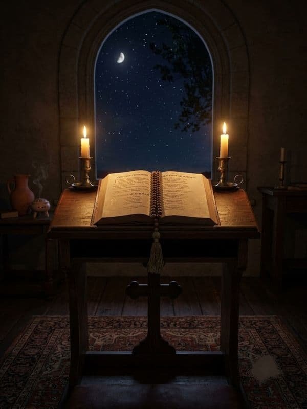 An open Bible rests on a wooden lectern flanked by burning candles in a dark, quiet room with a arched window showing a starry night sky and crescent moon.