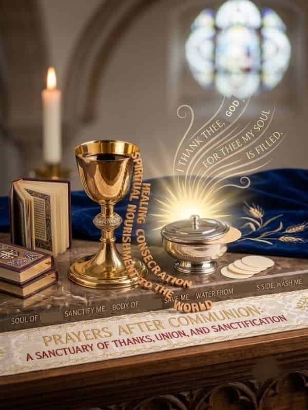 A photograph of a communion setting on an altar features a gold chalice of wine and a ciborium with hosts, from which a light burst emanates, leading to floating text that says "I THANK THEE, LORD, FOR THEE MY SOUL IS FILLED." The text "SPIRITUAL NOURISHMENT HEALING CONSECRATION TO THE WORLD" arches over the ciborium. Below these items, on a patterned white cloth, are the words "PRAYERS AFTER COMMUNION: A SANCTUARY OF THANKS, UNION, AND SANCTIFICATION." A stack of closed and open books and a single lit candle are in the background, out of focus.