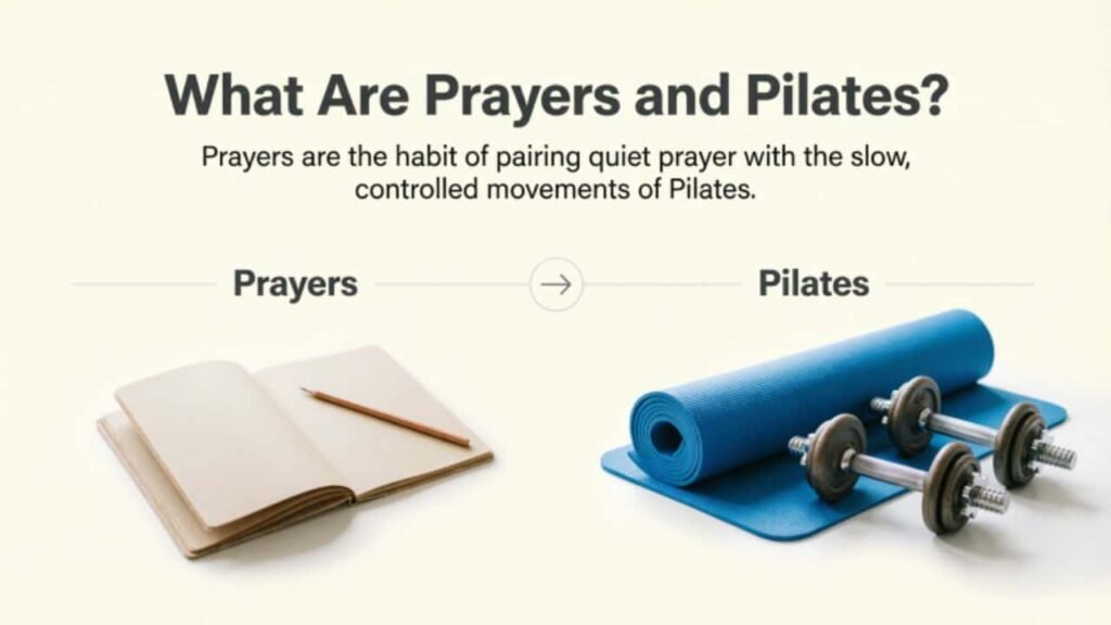 Infographic titled "What Are Prayers and Pilates?" explaining that prayers are the habit of pairing quiet prayer with the slow, controlled movements of Pilates, featuring an open notebook with a pencil representing prayers on the left and a blue yoga mat with dumbbells representing Pilates on the right, connected by an arrow.