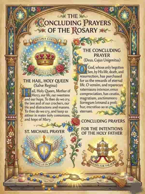 An illuminated-style graphic displaying the concluding prayers of the Rosary with intricate decorative borders, Marian symbols, papal emblems, and rosary beads.