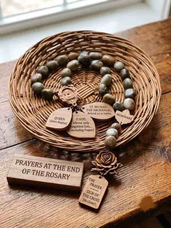 A wooden rosary with smooth stone beads placed inside a woven basket, featuring small wooden tags labeled with closing Rosary prayers including the Hail Holy Queen and St. Michael the Archangel.