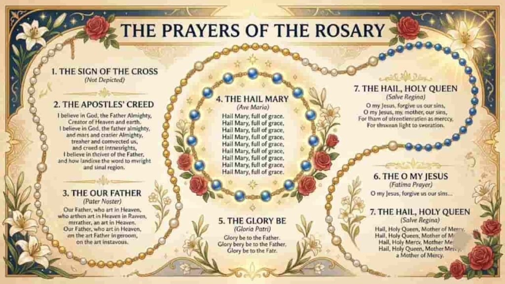 Infographic detailing the Prayers of the Rosary with decorative beads, roses, and lilies on an parchment background.