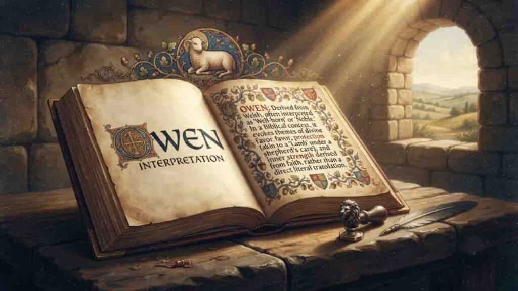 A 16:9 illustration of an open ancient book resting on a wooden table in a stone room, featuring illuminated manuscript text about the name "Owen," with a symbolic lamb emblem above, a small lion figurine, a feather quill, and soft sunlight streaming through an arched window.