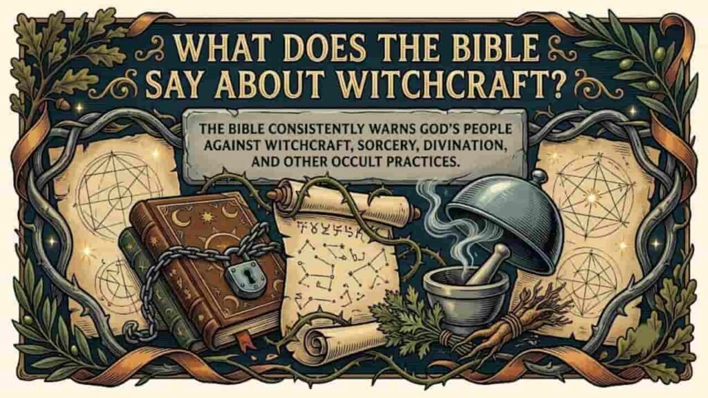 Decorative graphic titled "What Does the Bible Say About Witchcraft?" featuring vintage scriptures, locked books, and herbal mortar elements.
