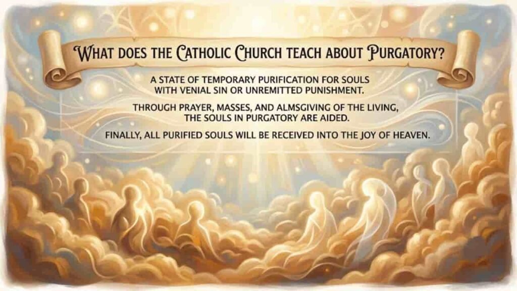 An ethereal, golden illustration with a parchment banner reading "What Does the Catholic Church Teach About Purgatory?", detailing Catholic doctrine above luminous clouds and glowing light.