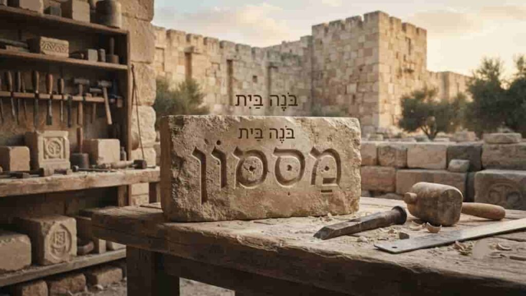 A 16:9 widescreen image of an ancient stonemason's workshop featuring a carved stone block with Hebrew lettering resting on a wooden workbench. Surrounding the block are traditional stone-cutting tools including a wooden mallet, a metal chisel, and a measuring rule. In the background, ancient stone fortress walls stand under a warm, overcast sky.
