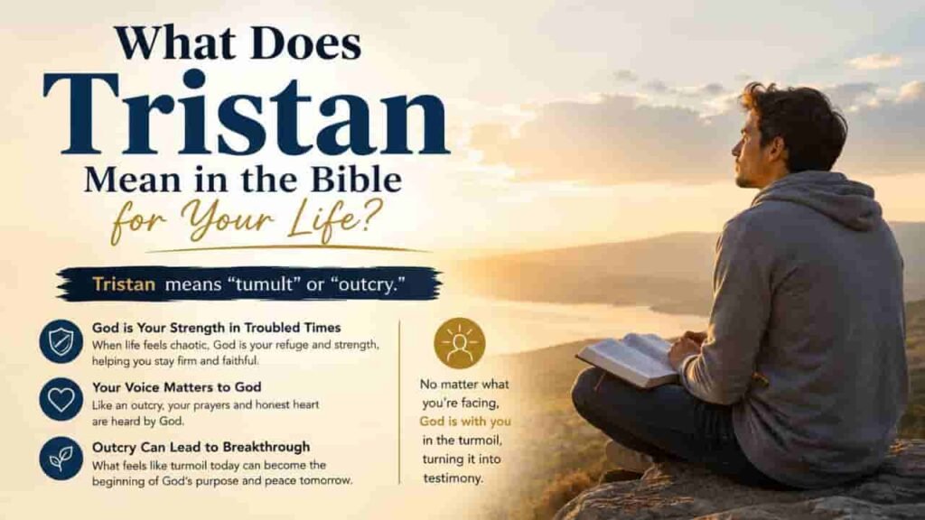 What Does Tristan Mean in the Bible for Your Life? A faith-inspired graphic explaining the spiritual meaning of Tristan, with a person reading an open Bible at sunrise over peaceful mountains and water.
