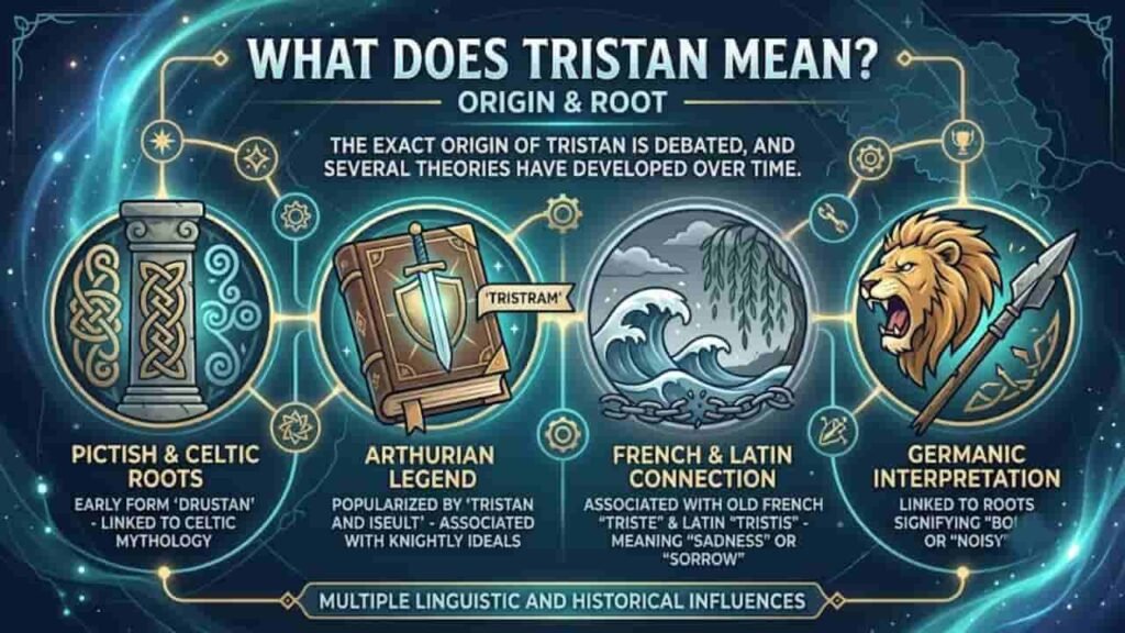 An infographic titled "What Does Tristan Mean? (Origin & Root)" outlining four theories on the name's etymology against a dark cosmic background. The theories include: Pictish & Celtic Roots linked to "Drustan", Arthurian Legend connected to Tristan and Iseult, French & Latin Connection associated with "triste" meaning sadness, and Germanic Interpretation meaning "bold" or "noisy".
