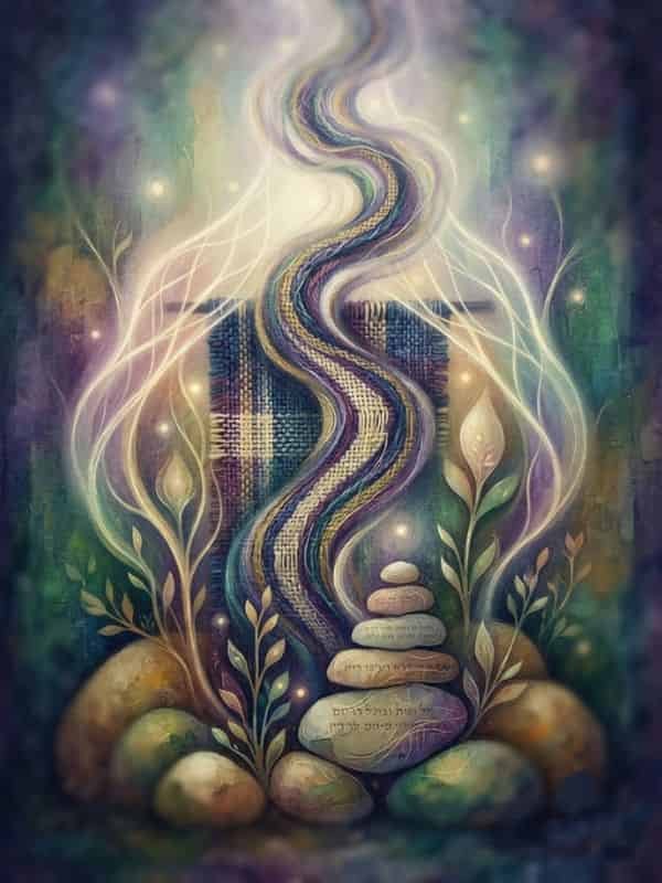 An ethereal, abstract illustration in a vertical 3:4 aspect ratio, showing intercessory prayer for pastors. A central tapestry with flowing woven threads ascends towards a soft light, symbolizing prayers rising. Surrounding this are luminous, glowing tendrils resembling a protective canopy, earthen stones with etched script, and botanicals representing growth and renewal. The color palette is spiritual, with deep indigo, amethyst, emerald, and gold tones. The image is contemplative and hopeful, with no visible human figures or crosses.