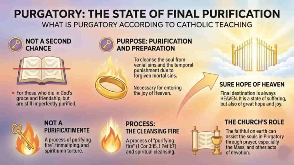 An infographic explaining Catholic teaching on Purgatory, featuring sections on purification, the process of cleansing fire, and the hope of Heaven, illustrated with symbols like open gates, flames, and scrolls.