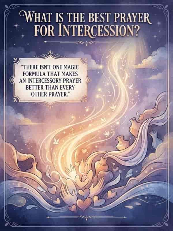 An illustrated graphic featuring the title "What Is the Best Prayer for Intercession?" at the top in a decorative font, alongside a text box containing the quote, "There isn't one magic formula that makes an intercessory prayer better than every other prayer". The background depicts a warm, luminous flow of light emerging from vessels and ascending into a starry, purple night sky, accompanied by floating hearts, doves, and anchor symbols.