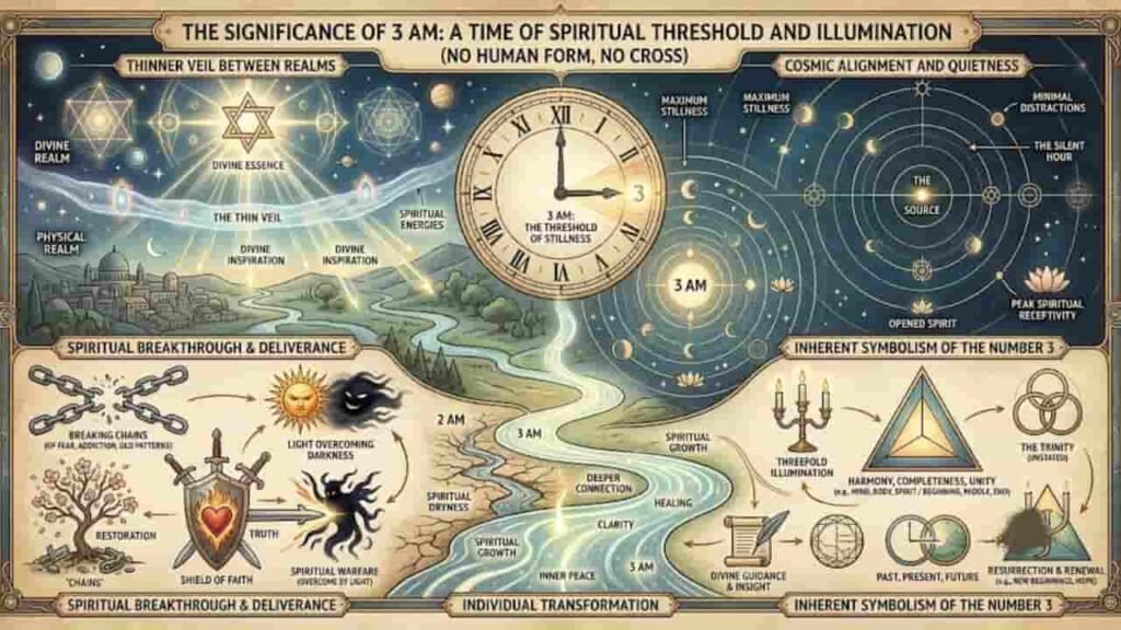 An infographic titled "The Significance of 3 AM: A Time of Spiritual Threshold and Illumination" illustrating concepts of spiritual breakthrough, cosmic alignment, and the symbolic meaning of the number three without human figures or crosses.