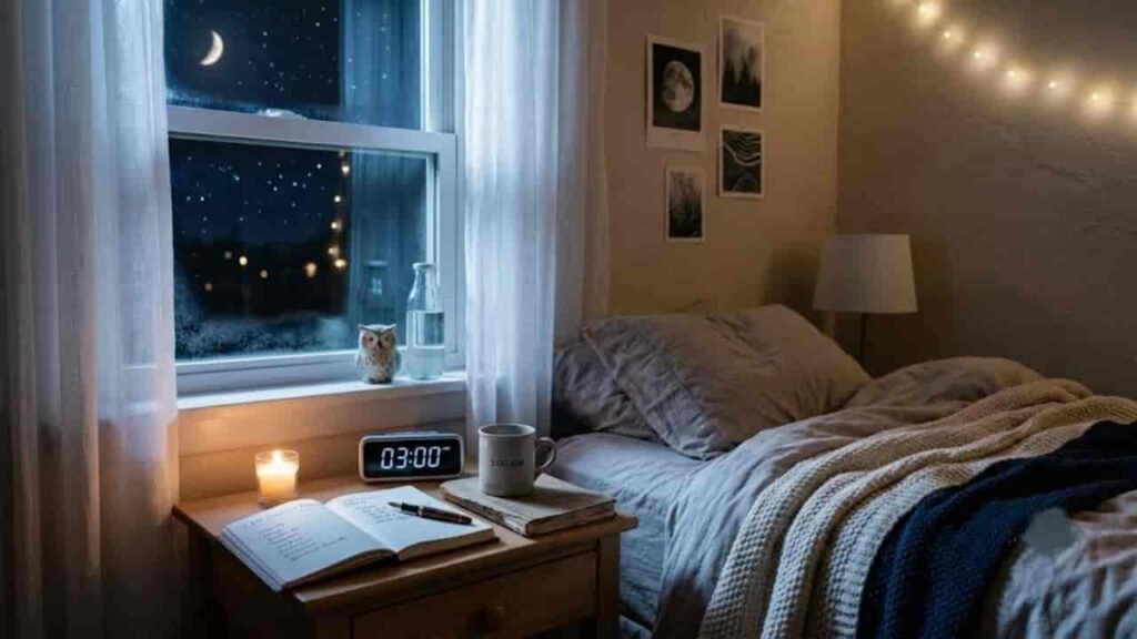 A cozy bedroom scene at night featuring a bed with blankets, a glowing candle, an open journal, a mug, and a digital clock reading 03:00 AM on a bedside table next to a window showing a crescent moon in a starry sky.