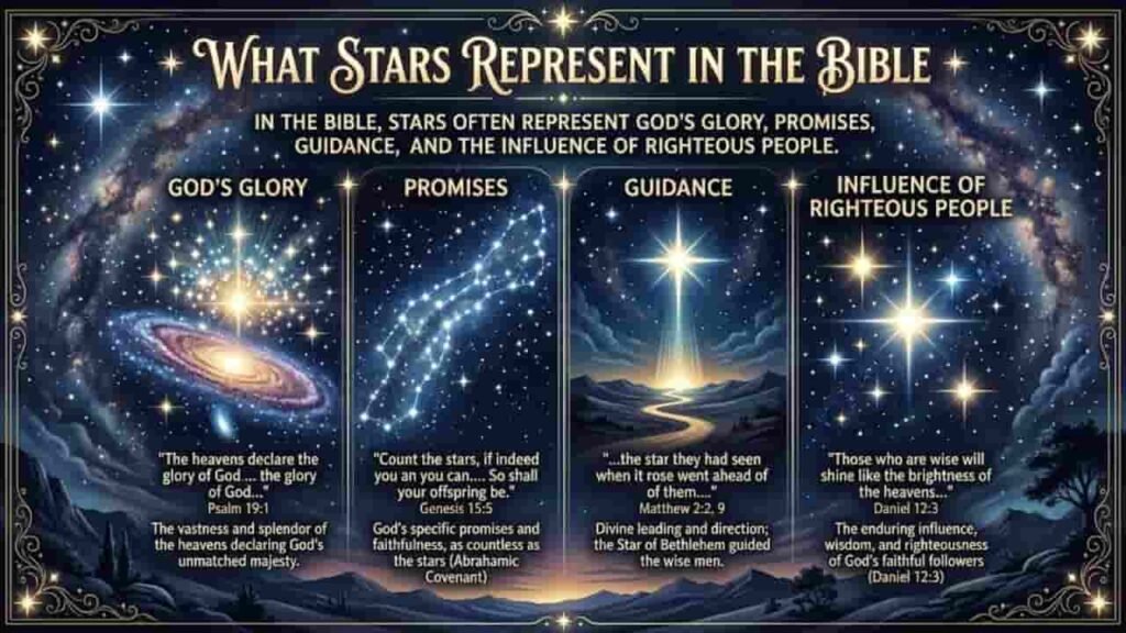 An infographic illustration titled 'What Stars Represent in the Bible' featuring four panels against a starry night sky depicting God's Glory, Promises, Guidance, and the Influence of Righteous People with relevant scripture quotes.