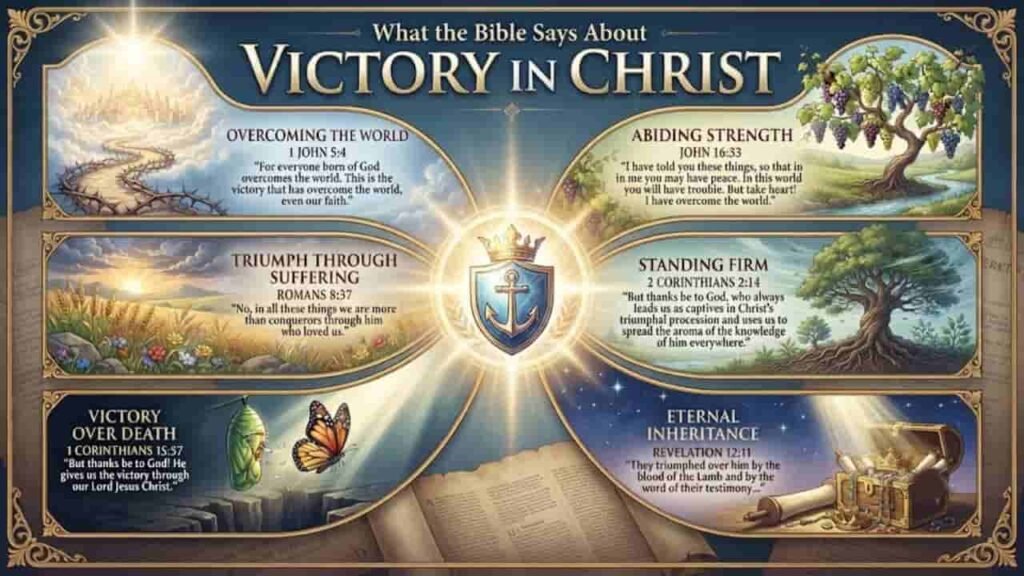 Infographic summarizing Bible verses about Victory in Christ through symbolic illustrations and scriptures.