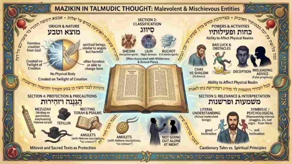 Infographic explaining Mazikin (demons/injurious spirits) in Talmudic thought, covering their origin, classifications like Shedim and Lilin, powers, protections such as Tefillin and Meauzahs, and psychological interpretations.