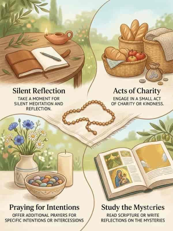 "What to Do After Finishing the Rosary" featuring four sections: Silent Reflection with an open journal, Acts of Charity with baskets of bread and fruit, Praying for Intentions with flowers and a lit candle, and Study the Mysteries with an open illustrated book.