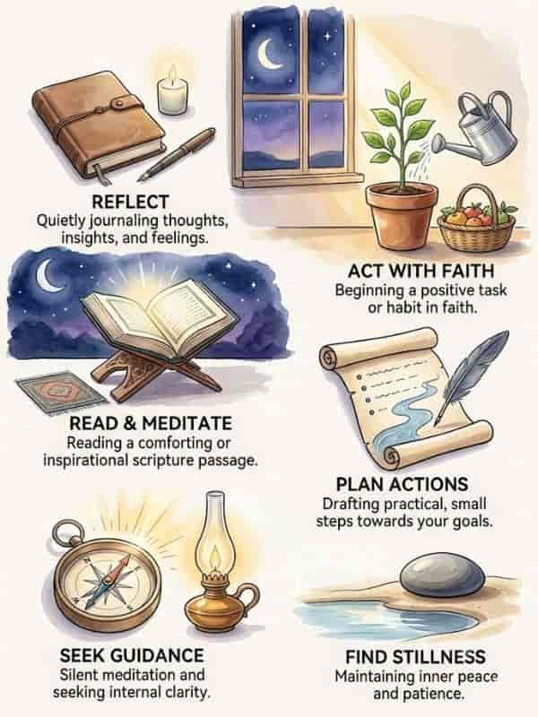 An illustrative watercolor infographic featuring key steps to follow after 3 AM prayer, using symbolic objects like a journal, open book, compass, oil lamp, and potted plant.