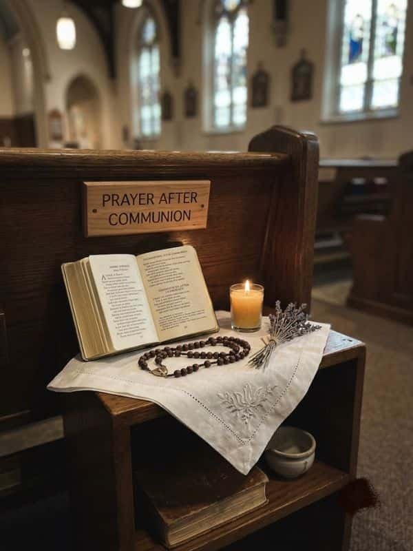 An open prayer book and wooden rosary beads placed beside a glowing candle on a church pew.