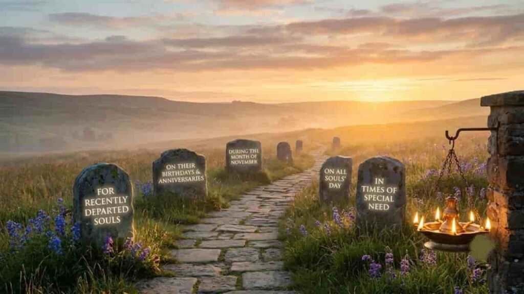 A serene countryside pathway bathed in warm golden sunset light, lined with stone markers featuring text on key times to pray for souls in purgatory.