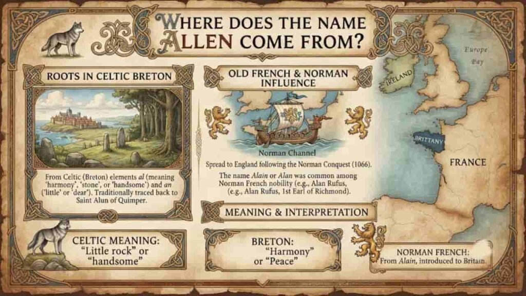 An illustrative, ancient-style map graphic titled "Where Does the Name Allen Come From?" designed with Celtic knotwork borders, a wolf illustration, and an old parchment texture.